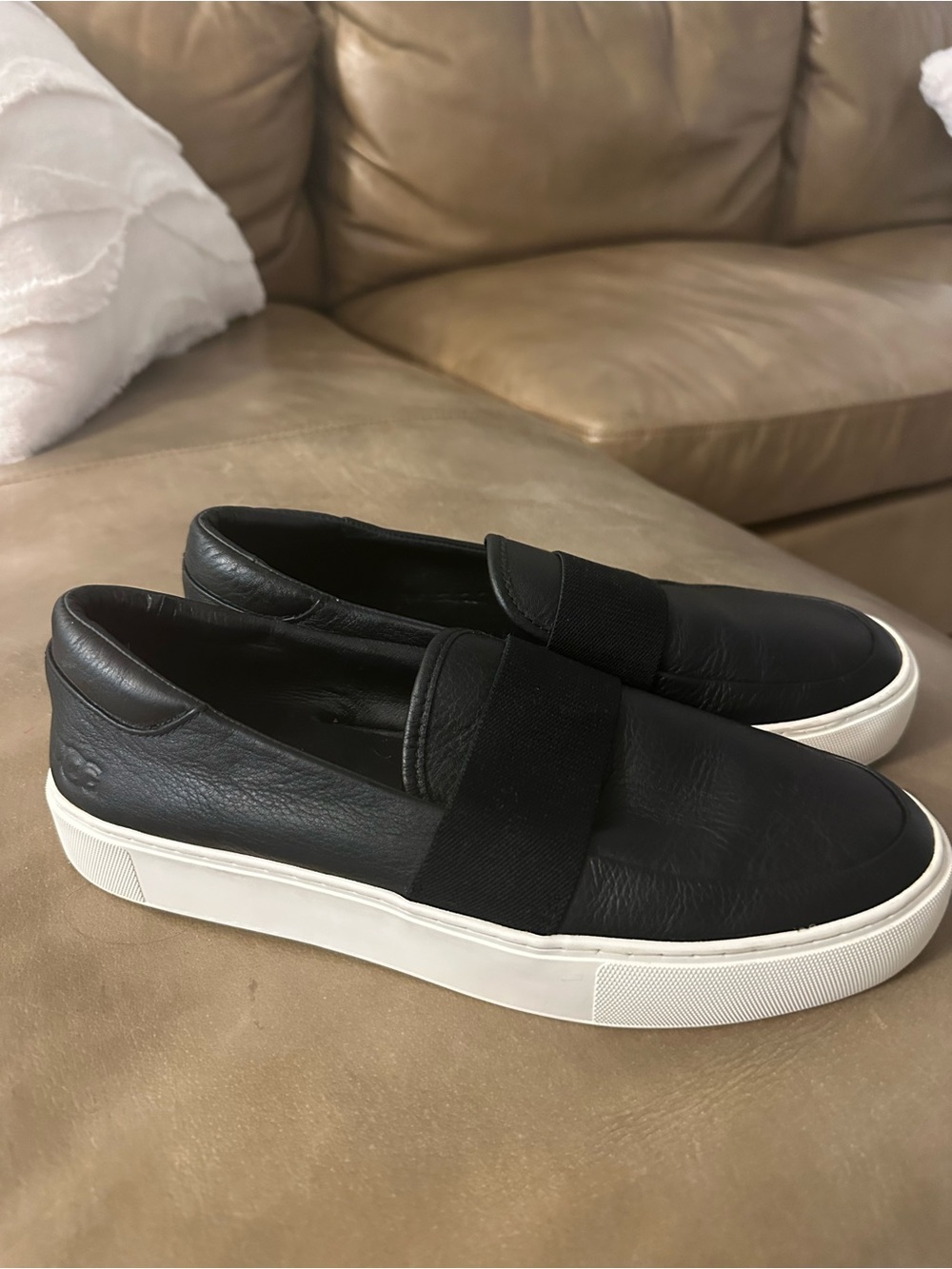 UGG Genuine Leather Black Leather Slip-On Sneakers with White Platform Soles